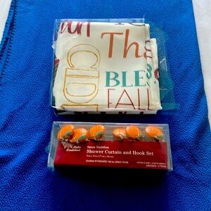 Thanksgiving shower curtain, “Harvest Words” and pumpkin curtain rings 🎃 🍁!